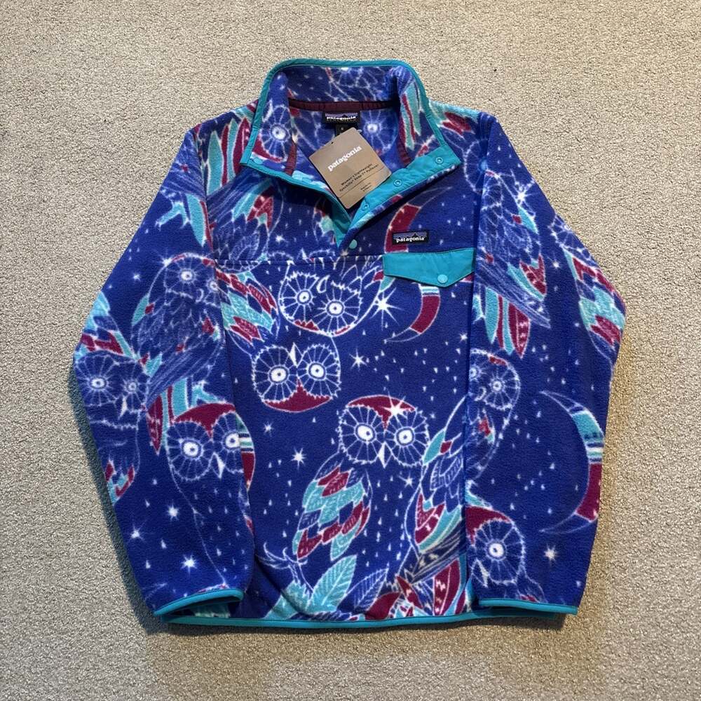 Patagonia Pullover Womens M Blue Synchilla Snap T Harvest Moon Owl Fleece NWT